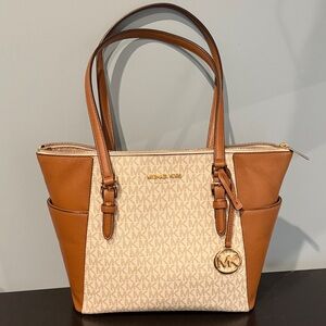 Michael Kors Charlotte Large Logo and Leather Top-Zip Tote Bag